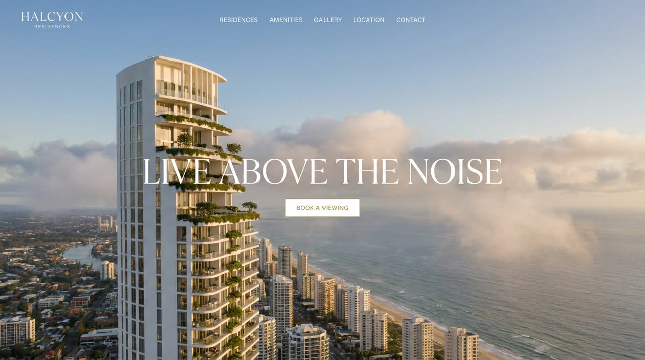 Website concept for a residential tower at golden hour